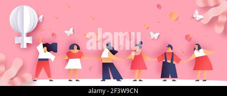 Groupe de femmes diverses tenant les mains avec le symbole femelle coupé en papier et la décoration de papillon rose. Illustrat de la communauté des femmes en 3d réaliste Illustration de Vecteur