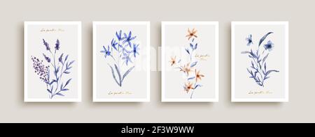 Belle collection d'illustrations de bouquet de fleurs bleu aquarelle avec citation de texte en français. Ensemble d'art floral pour le concept du printemps, mariage Illustration de Vecteur