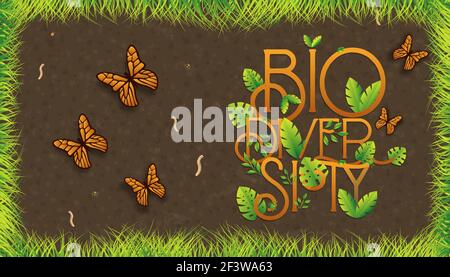 Le texte de biodiversité cite le signe fait de diverses feuilles vertes de plantes avec des vers souterrains et des papillons. Concept de soin de la nature, conservation de la vie sauvage desi Illustration de Vecteur