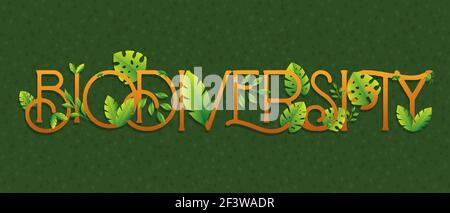 Biodiversité texte citation signe fait de feuilles de plantes vertes diverses. Concept de soin de la nature, conception de conservation de la vie sauvage dans le style de dessin animé plat. Illustration de Vecteur