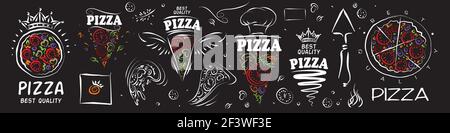 Ensemble de logos de pizza vectorisés sur fond noir Illustration de Vecteur