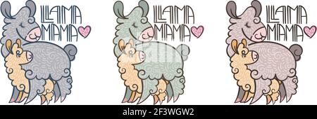 Llama Mama. Ensemble de jolies lamas curly maman avec bébé. Illustration avec lettrage pour les pages de coloriage, les tirages pour enfants et adultes, Fête des mères Illustration de Vecteur