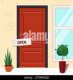 Ouvrir l'affiche sur la porte rouge. Le magasin est muni d'une affiche indiquant « Open ». Maisons avec portes, fenêtres et fleurs en pot. Illustration vectorielle de style plat. Illustration de Vecteur