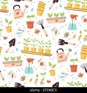 Motif sans couture avec graines et semis. Germination des pousses. Outils et pots pour la plantation Illustration de Vecteur