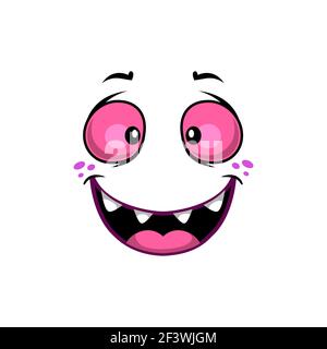 Icône de vecteur de visage de bande dessinée, emoji drôle avec grand visage souriant et yeux rose étonnés. Expression du visage heureuse, sentiments positifs isolés sur la ba blanche Illustration de Vecteur