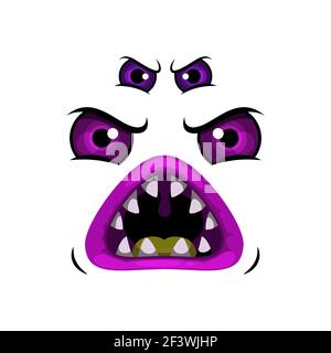 Icône représentant un vecteur de dessin animé face à un monstre, créature rugissante d'Halloween, émotion avec de nombreux yeux violets en colère et bouche ronde en terre cuite. Ver créepy, extraterrestre ou effrayant Illustration de Vecteur