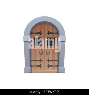 Porte de dessin animé médiévale voûtée ou porte isolée entrée de conte de fées icône isolée. Portail vectoriel rétro de bois et de pierre, entrée d'arc dans le château ou la tour. Doorwa Illustration de Vecteur