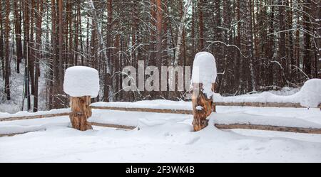 Large snow caps on the stumps of the fence in winter. A wooden fence protects the territory of the house. Banque D'Images
