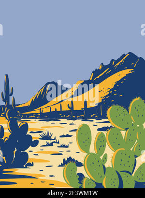 Affiche WPA art de la pousse de cactus de poire pickly ou opuntia Dans Ironwood Forest National Monument situé dans le désert de Sonoran De l'Arizona fait en travaux p Illustration de Vecteur