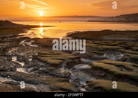 Northam Burrows près d'Appledore, North Devon, Angleterre. Jeudi 18 mars 2021. Météo Royaume-Uni. Après une nuit froide à North Devon, le soleil se lève sur l'estuaire de Northam Burrows, près du village côtier d'Appledore. Le Northam Burrows Country Park se trouve à l'extrémité ouest de l'estuaire de la Taw Torridge. Situé dans une zone d'une beauté naturelle exceptionnelle, le Burrows fait partie intégrante de la réserve de biosphère de l'UNESCO de North Devon et offre d'importantes aires d'alimentation pour l'hivernage des oiseaux. Crédit : Terry Mathews/Alay Live News Banque D'Images