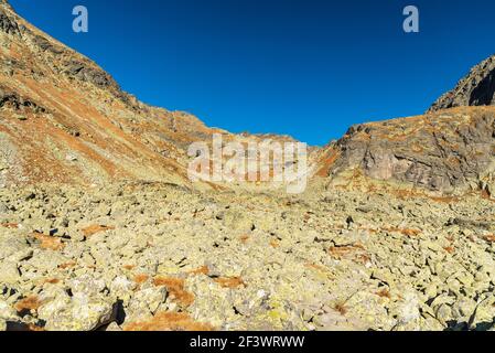 Partie supérieure de la vallée de Mlynicka dolina en automne Vysoke Tatry montagnes en Slovaquie avec pierres, rochers, sommets et ciel clair Banque D'Images