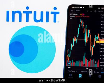 Dans cette illustration, les informations boursières d'Intuit Inc. Affichées sur un smartphone avec le logo Intuit Inc. En arrière-plan. Banque D'Images