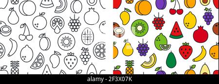 Ensemble de motifs vectoriels sans couture avec fruits. Texture infinie, arrière-plan, papier peint. Icônes de couleur linéaires. Contour, forme, contour. Alimentation saine et Illustration de Vecteur