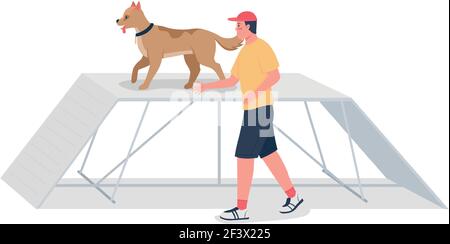 Homme chien d'entraînement sur le parcours d'obstacle plat couleur vecteur détaillé caractère Illustration de Vecteur