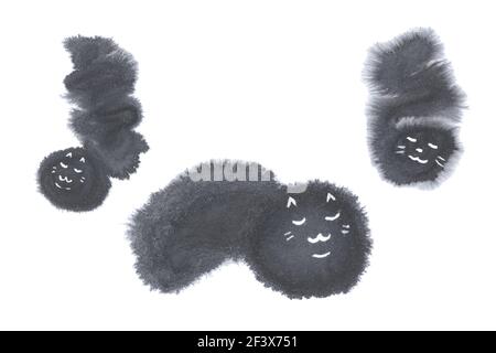Silhouette de chats dormant et souriant sur fond blanc, illustration japonaise à l'encre noire naturelle, aquarelle, dessin abstrait Banque D'Images