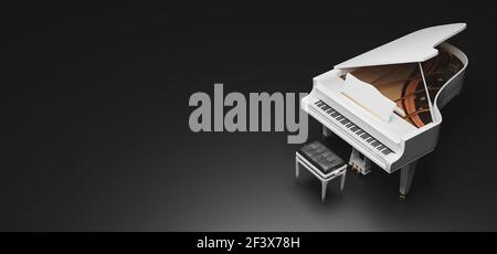 bannière avec fond noir d'un piano à queue blanc avec détails dorés. rendu 3d Banque D'Images
