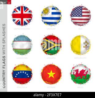 Collection de drapeaux, drapeau grunge rond aux éclaboussures. 9 drapeaux vectoriels : Royaume-Uni, Uruguay, Etats-Unis, Ouzbékistan, Vanuatu, Vatican, Venezuela, Vietnam, Illustration de Vecteur