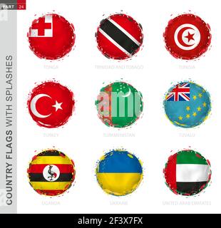 Collection de drapeaux, drapeau grunge rond aux éclaboussures. 9 drapeaux vectoriels : Tonga, Trinité-et-Tobago, Tunisie, Turquie, Turkménistan, Tuvalu, Ouganda, Ukraine, Illustration de Vecteur