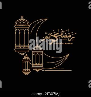 crescent Moon et lanterne style monoline concept de célébration du Ramadan avec calligraphie Traduction: 'Ramadan kareem.' illustration vectorielle Illustration de Vecteur