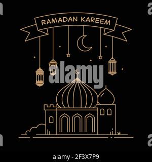 Célébration du mois du Ramadan avec des décorations lanternes et des mosquées isolées sur fond sombre. Dessin de style monoline illustration vectorielle Illustration de Vecteur