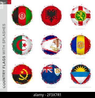 Collection de drapeaux, drapeau grunge rond aux éclaboussures. 9 drapeaux vectoriels : Afghanistan, Albanie, Alderney, Algérie, Samoa américaines, Andorre, Angola, Anguilla, Illustration de Vecteur