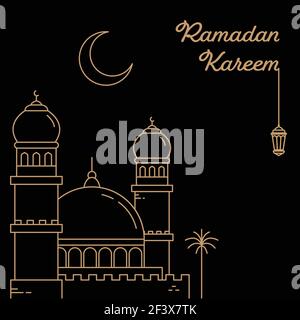 Célébration du mois du Ramadan avec des décorations lanternes et des mosquées isolées sur fond sombre. Dessin de style monoline illustration vectorielle Illustration de Vecteur