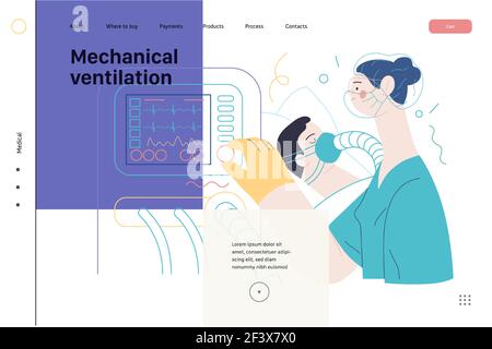 Modèle de page Web d'assurance médicale - ventilation mécanique - vecteur plat moderne concept d'illustration numérique - équipement de machine médicale de ventilateur pour Illustration de Vecteur