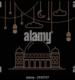 Célébration du mois du Ramadan avec des décorations lanternes et des mosquées isolées sur fond sombre. Dessin de style monoline illustration vectorielle Illustration de Vecteur