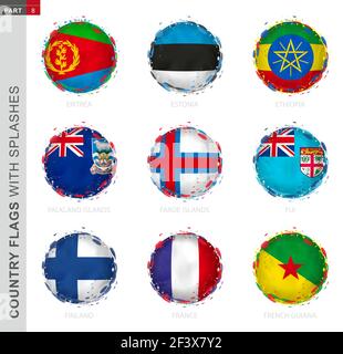 Collection de drapeaux, drapeau grunge rond aux éclaboussures. 9 drapeaux vectoriels : Érythrée, Estonie, Éthiopie, îles Falkland, îles Féroé, Fidji, Finlande, France, Illustration de Vecteur