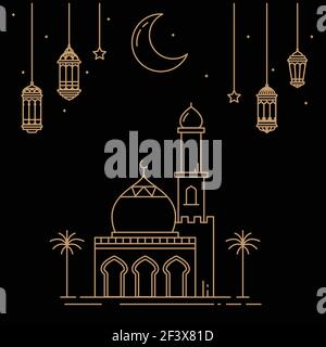 Célébration du mois du Ramadan avec des décorations lanternes et des mosquées isolées sur fond sombre. Dessin de style monoline illustration vectorielle Illustration de Vecteur