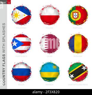 Collection de drapeaux, drapeau grunge rond aux éclaboussures. 9 drapeaux vectoriels : Philippines, Pologne, Portugal, Porto Rico, Qatar, Roumanie, Russie, Rwanda, Saint Ki Illustration de Vecteur