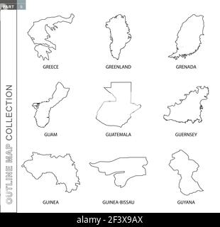 Collection de cartes vectorielles, neuf cartes vectorielles à lignes noires de la Grèce, du Groenland, de la Grenade, de Guam, du Guatemala, Guernesey, Guinée, Guinée-Bissau, Guyana Illustration de Vecteur