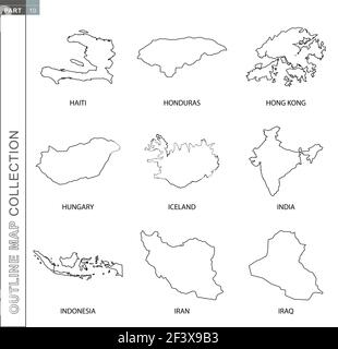 Collection de cartes vectorielles, neuf cartes vectorielles à lignes noires d'Haïti, du Honduras, de Hong Kong, de la Hongrie, de l'Islande, Inde, Indonésie, Iran, Irak Illustration de Vecteur