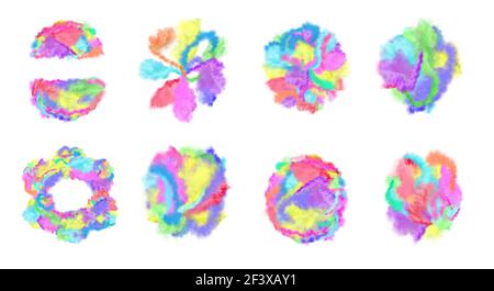 Conception de fumée de feu isolée sur blanc. Fumée multicolore isolée . Ensemble de nuages de fumée colorés. Ensemble de brouillard ou de fumée isolé Banque D'Images