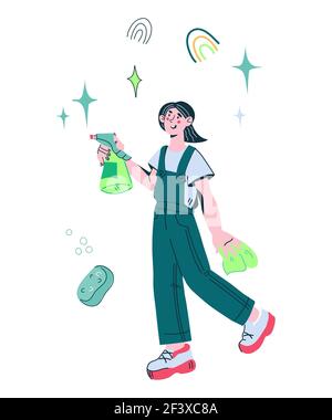 Femme nettoyant en détergent uniforme de pulvérisation, vecteur de dessin animé isolé sur blanc. Illustration de Vecteur