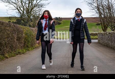 Filles jumelles, écoliers du secondaire en uniforme scolaire marchant sur la route de campagne, East Lothian, Écosse, Royaume-Uni Banque D'Images