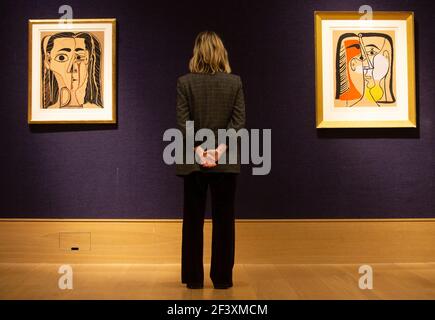 Londres, Royaume-Uni. 18 mars 2021. 'Jacqueline au bandeau de face', 1962 (à gauche) est £60,000-80,000 et 'Portrait de Jacqueline aux Cheveux Lisses', 1962, est £90,000-£120,000 par Pablo Picasso. Cela fait partie de la vente de 'Picassomania' à Bonhams qui aura lieu à Londres le 23 mars. Crédit : Mark Thomas/Alay Live News Banque D'Images