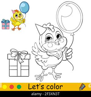 Personnage de dessin animé poulet de vacances avec ballon. Page de livre de coloriage avec modèle coloré. Illustration de contour isolé vectoriel. Pour livre de coloriage, pré Illustration de Vecteur