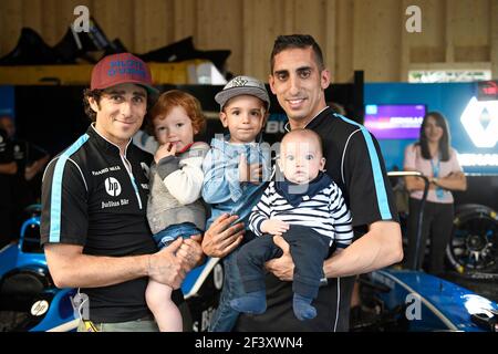 PROST Nicolas (fra) Formule E équipe Renault E.DAMS, portrait avec son fils Kimi et BUEMI Sébastien avec leur fils Jules et Theo (ch) Formule E équipe Renault E.DAMS, portrait pendant le championnat de Formule E 2018, à Zurich, Suisse du 9 au 10 juin - photo Eric Vargiolu / DPPI Banque D'Images