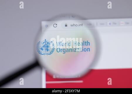 New York, Etats-Unis - 18 mars 2021 : who.int icône du logo de l'Organisation mondiale de la Santé sur le site Web, éditorial Banque D'Images