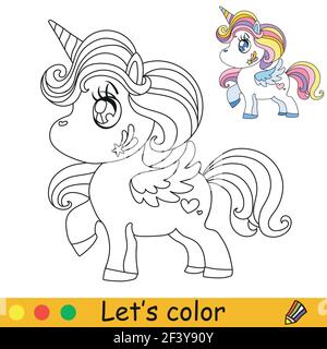 Une jolie licorne de kawaii avec des lamanes arc-en-ciel. Page de livre de coloriage avec modèle coloré. Illustration de dessin animé vectoriel isolée sur blanc. Pour livre de coloriage, pré Illustration de Vecteur