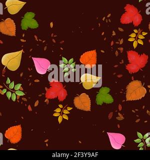 Une illustration avec des motifs sans couture de différentes feuilles d'automne un arrière-plan marron foncé Banque D'Images