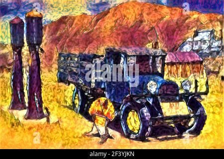 Au parc historique de l'État de Bodie, en Californie, il s'agit d'un camion Dodge Graham 1927 exposé devant une ancienne station-service Shell. Banque D'Images