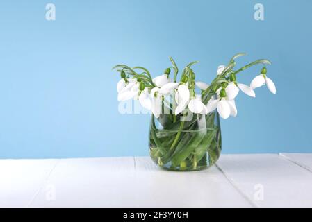 Gros plan sur des gouttes de neige fraîches dans un vase en verre sur un table en bois Banque D'Images