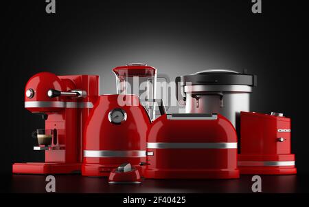 Appareils de cuisine rouge sur fond noir. 3d illustration Banque D'Images