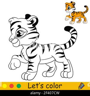 Joli tigre en profil. Personnage de dessin animé tigre. Page de livre de coloriage avec modèle coloré. Illustration avec contour vectoriel isolé. Pour livre de coloriage, pr Illustration de Vecteur