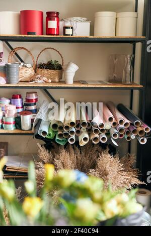 Photo de l'espace de copie dans la boutique de fleurs. Boutique de fleurs Lifestyle. Affaires de fleurs de famille Banque D'Images