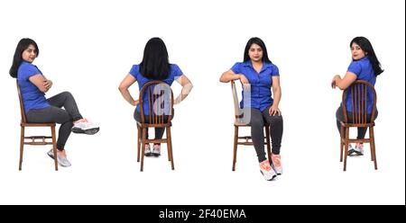 même femme de dos, avant et côté avec un jean chemise et une culotte assis sur une chaise sur fond blanc Banque D'Images