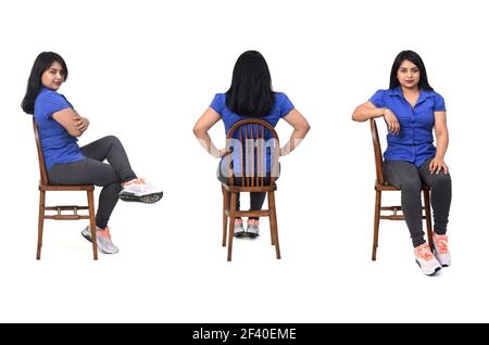 groupe de la même femme de dos, devant et côté avec jeans, chemise et slickers sur fond blanc Banque D'Images