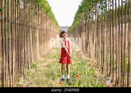 Petite fille qui marche dans la nature champ portant belle robe rouge Banque D'Images
